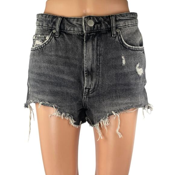 Zara Womens Black Washed Distressed High Rise Raw Hem Cutoff Denim Jean Shorts 4 - Picture 1 of 5